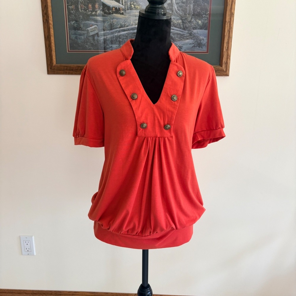 1818 Military Style Knit Top Womens XL Orange Crest Button Pleated Bubble Hem